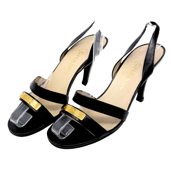 CHANEL Shoes - Chanel LOGO Heels Black Strappy Leather Gold Logo Plate Sandals Shoes EU 38